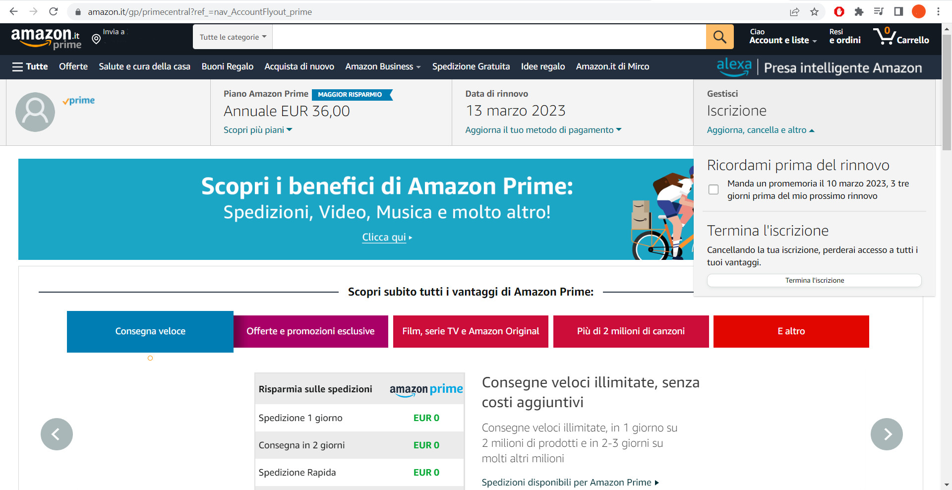 Annullare rinnovo automatico Amazon Prime