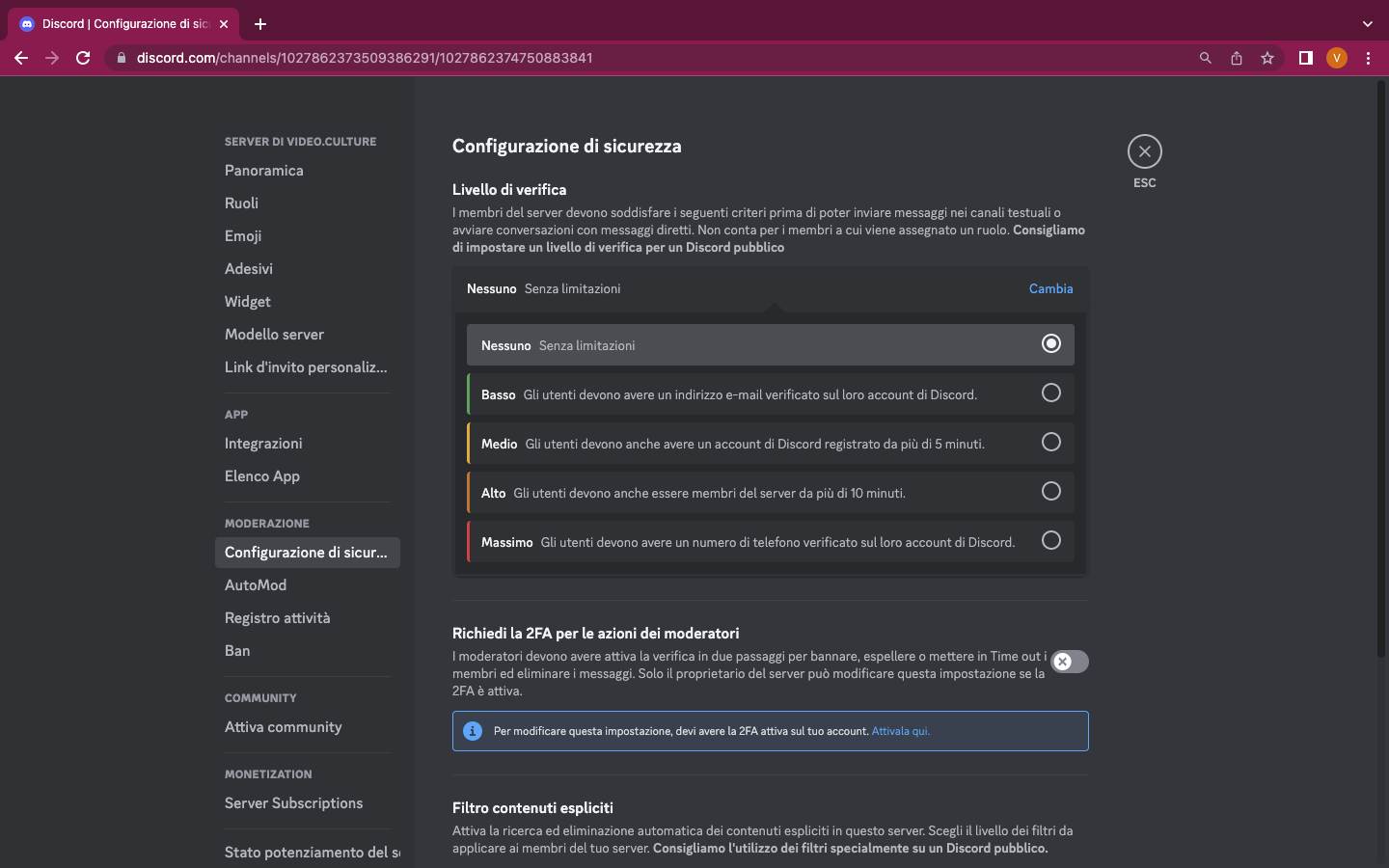 Configurare il livello di verifica Configurare il livello di verifica