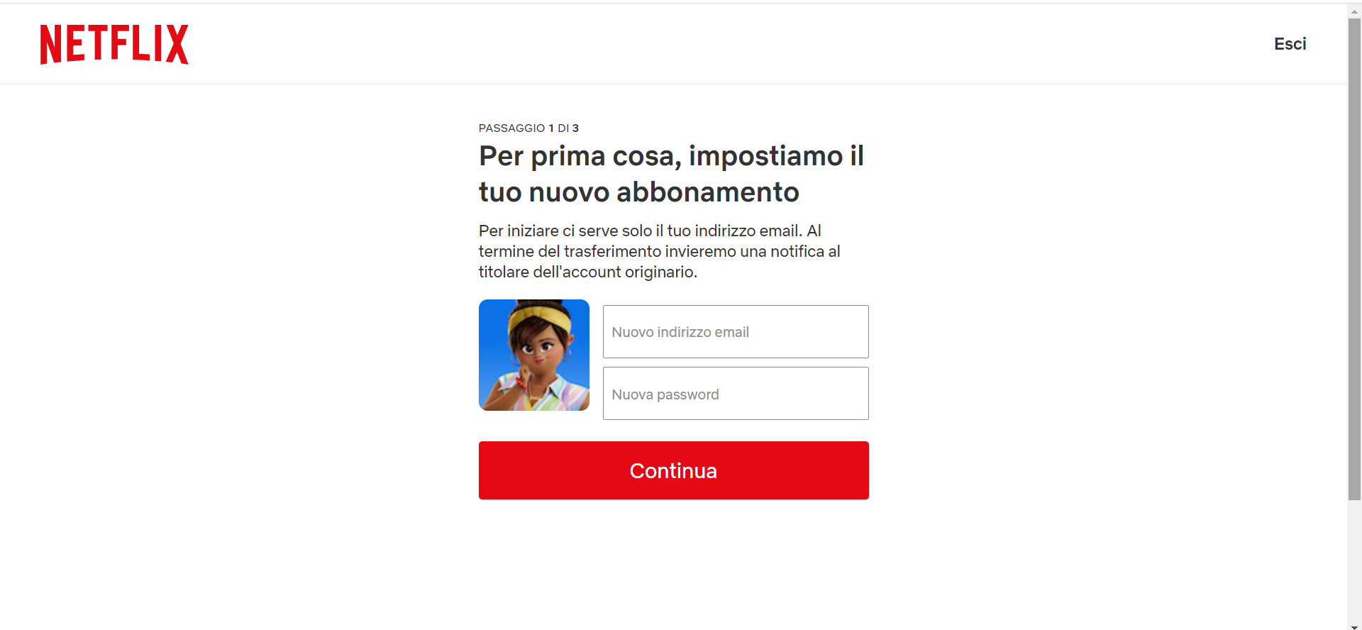 Schermata di trasferimento del profilo Netflix  Schermata di trasferimento del profilo Netflix