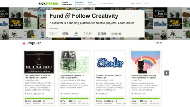 La homepage di kickstarter.com