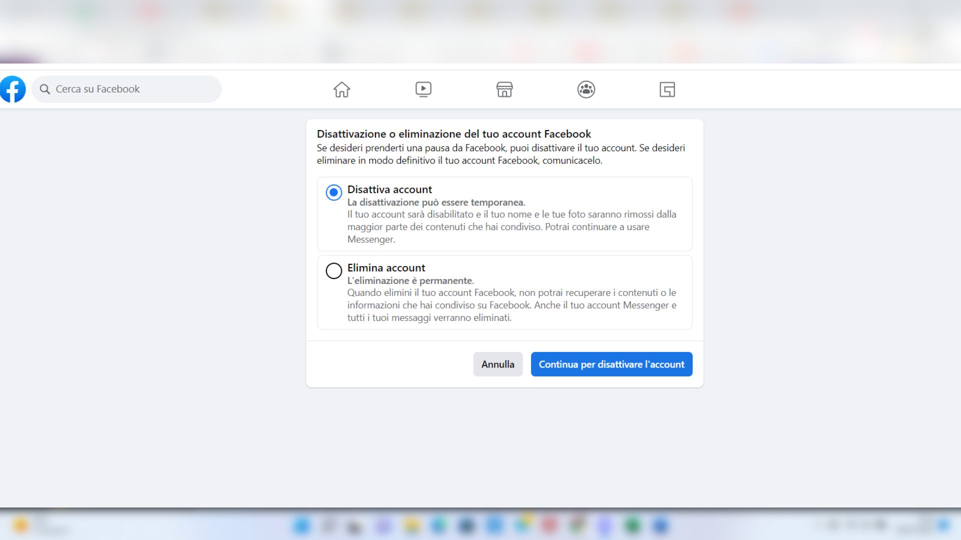 Eliminare l'account Facebook