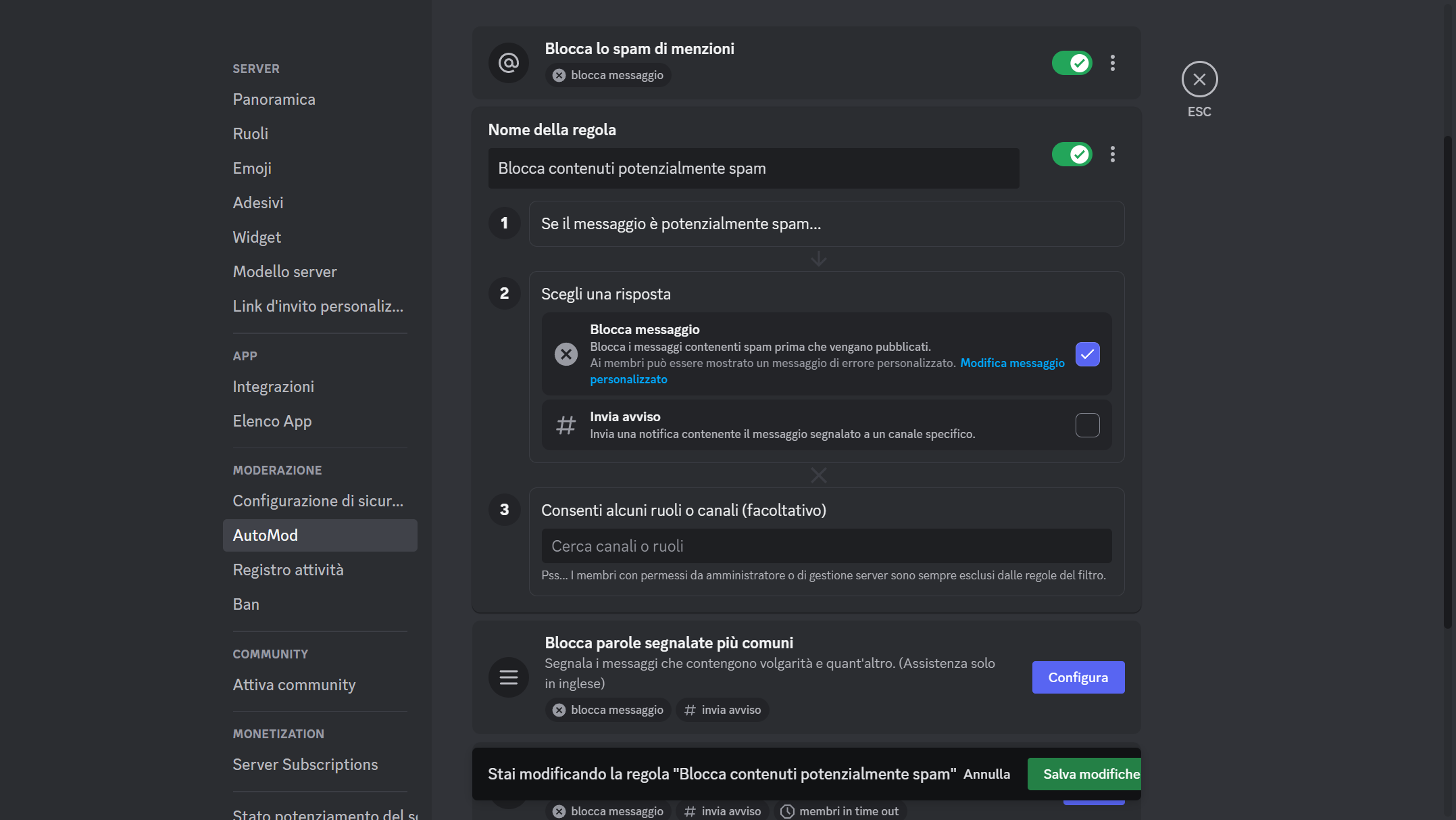 Bloccare contenuti potenzialmente spam