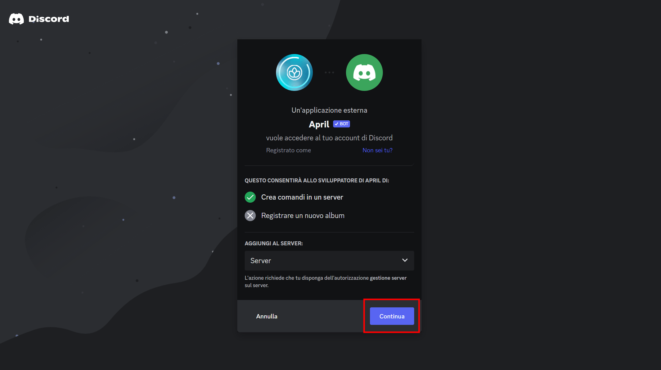 Aggiungere un bot al server Discord