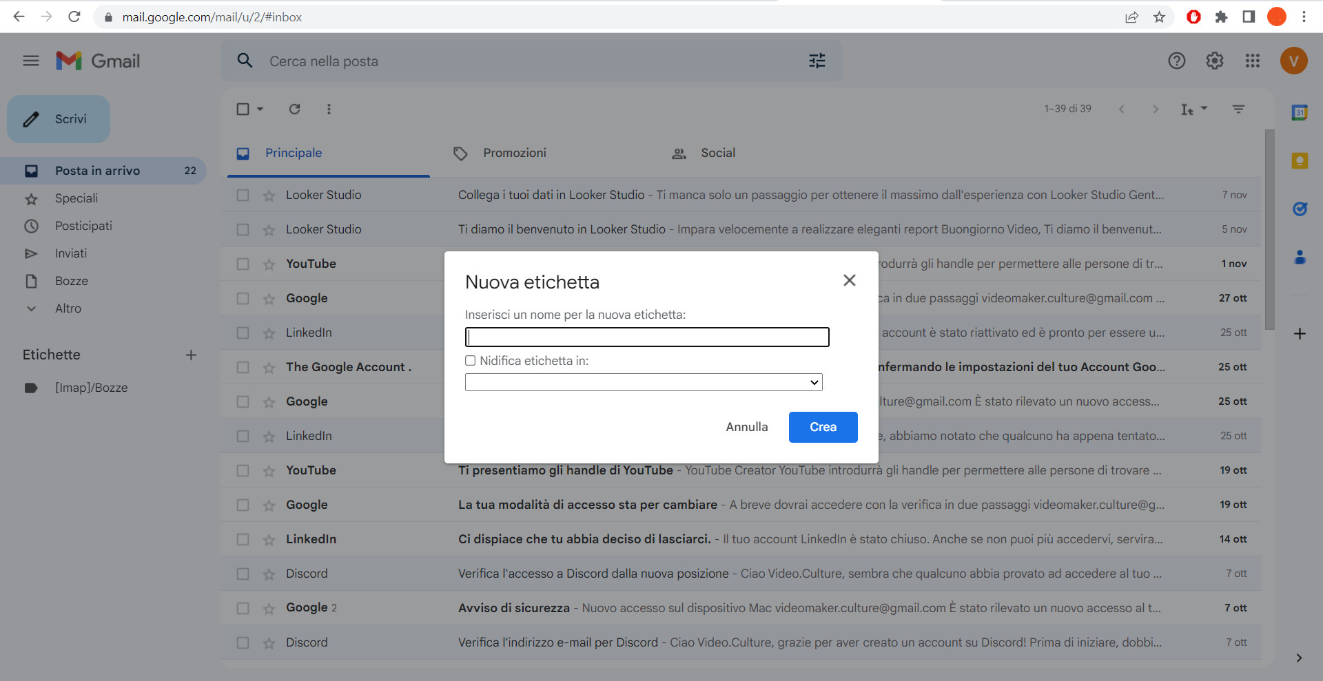 Creare un'etichetta su Gmail
