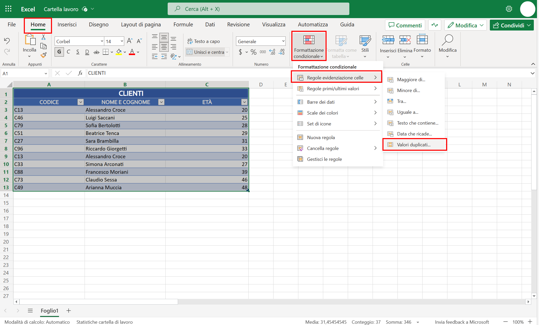 Funzione valori duplicati su excel