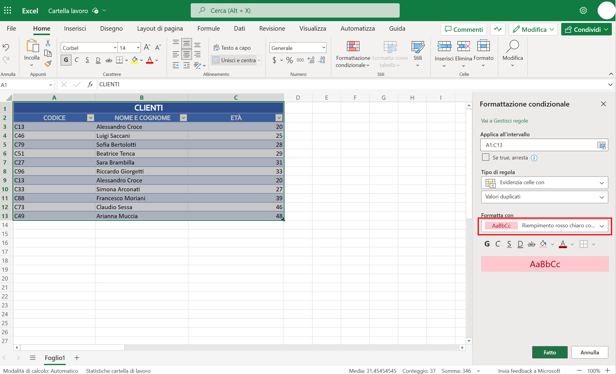 Funzione Formattazione condizionale su excel