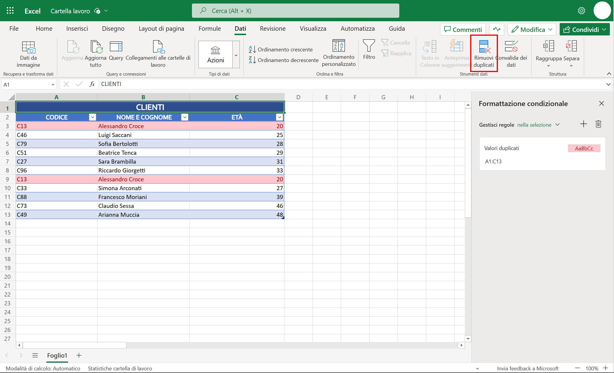 Funzione Rimuovi duplicati su excel