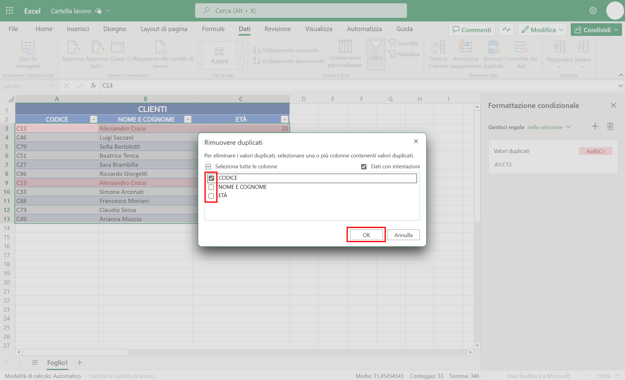 Funzione Rimuovi duplicati su excel