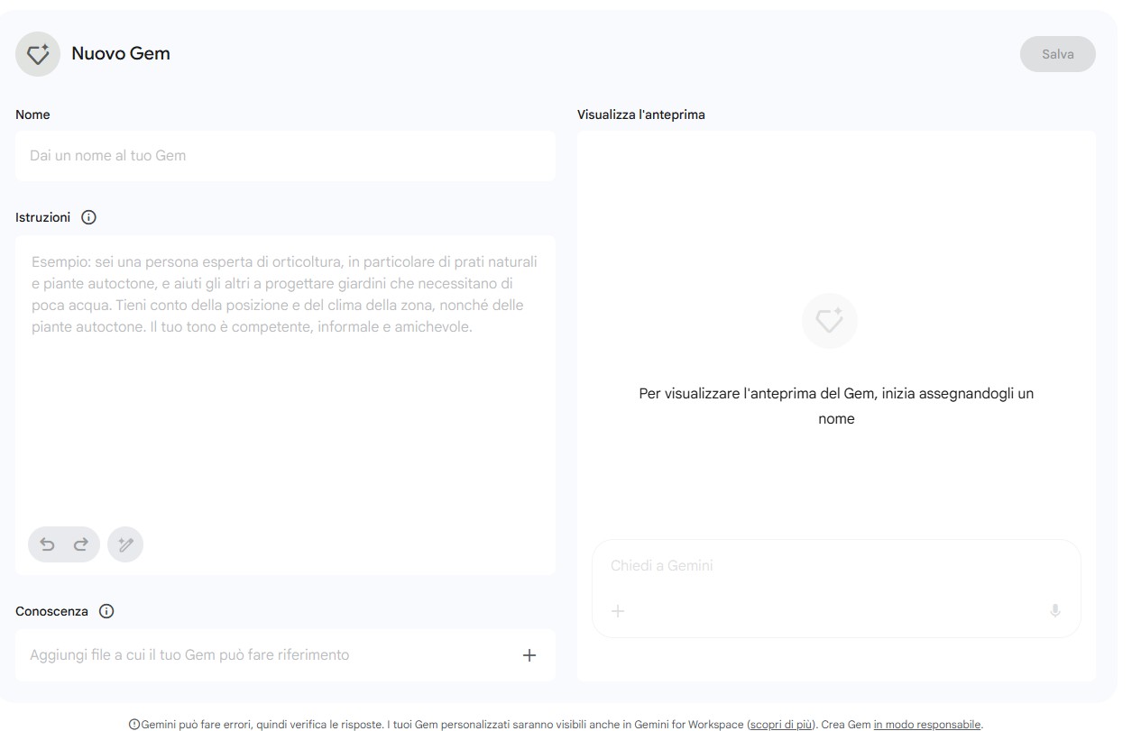 Creare un gem su Gemini Creare un gem su Gemini