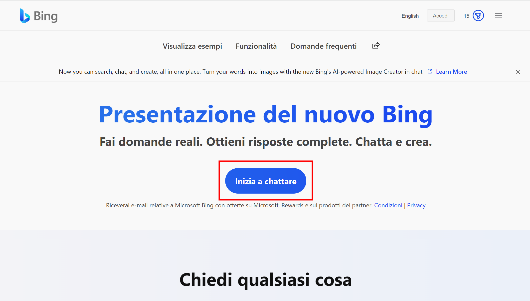 Accedere a Bing AI da PC