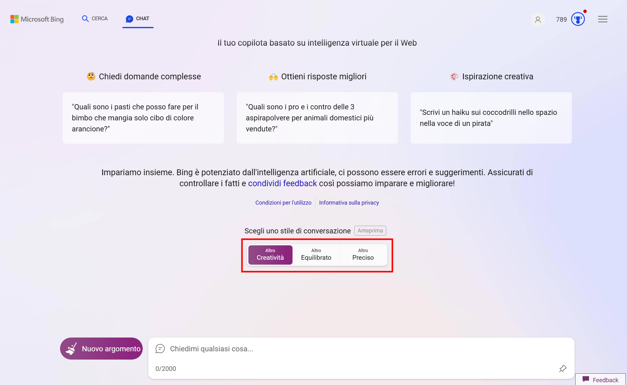 Settare la conversazione con la Bing AI Chat