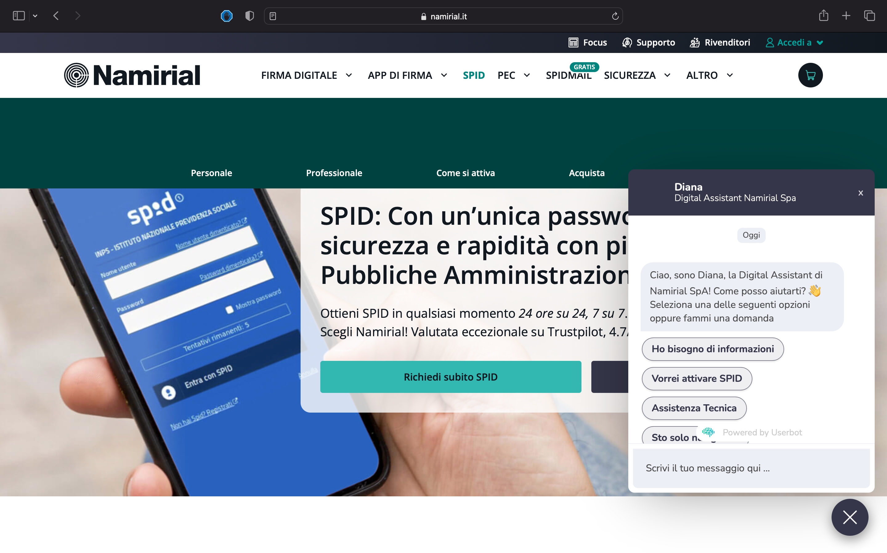 Namirial SPID home page Namirial SPID home page