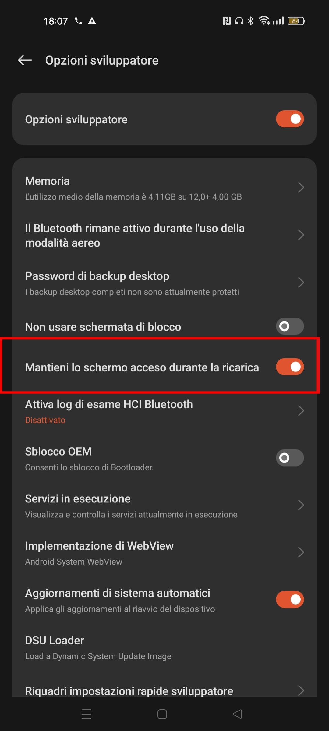 Mantenere lo schermo sempre acceso