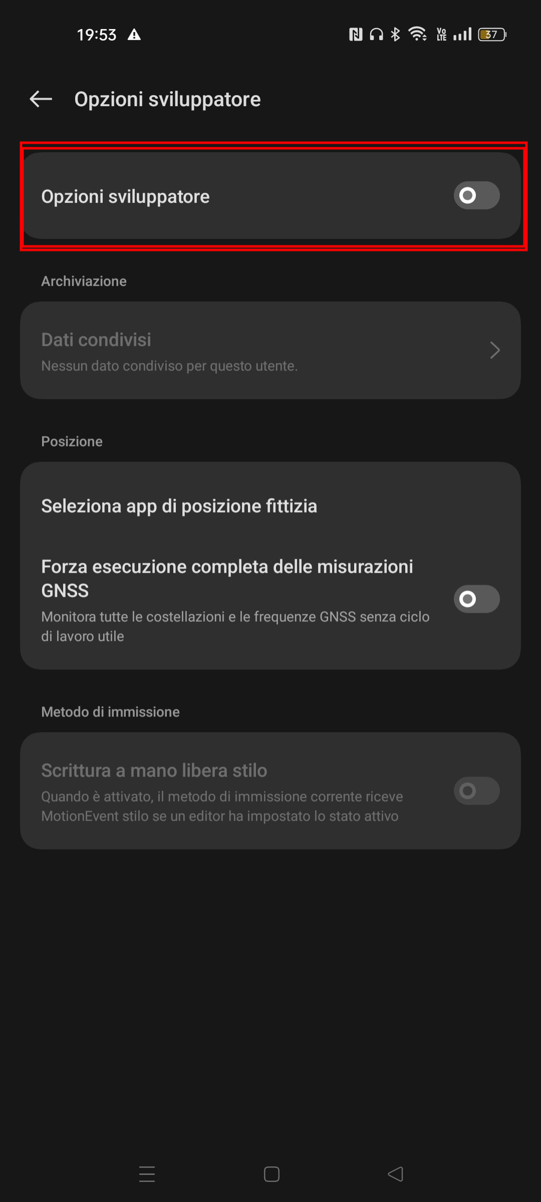 Cancellare tutte le opzioni sviluppatori