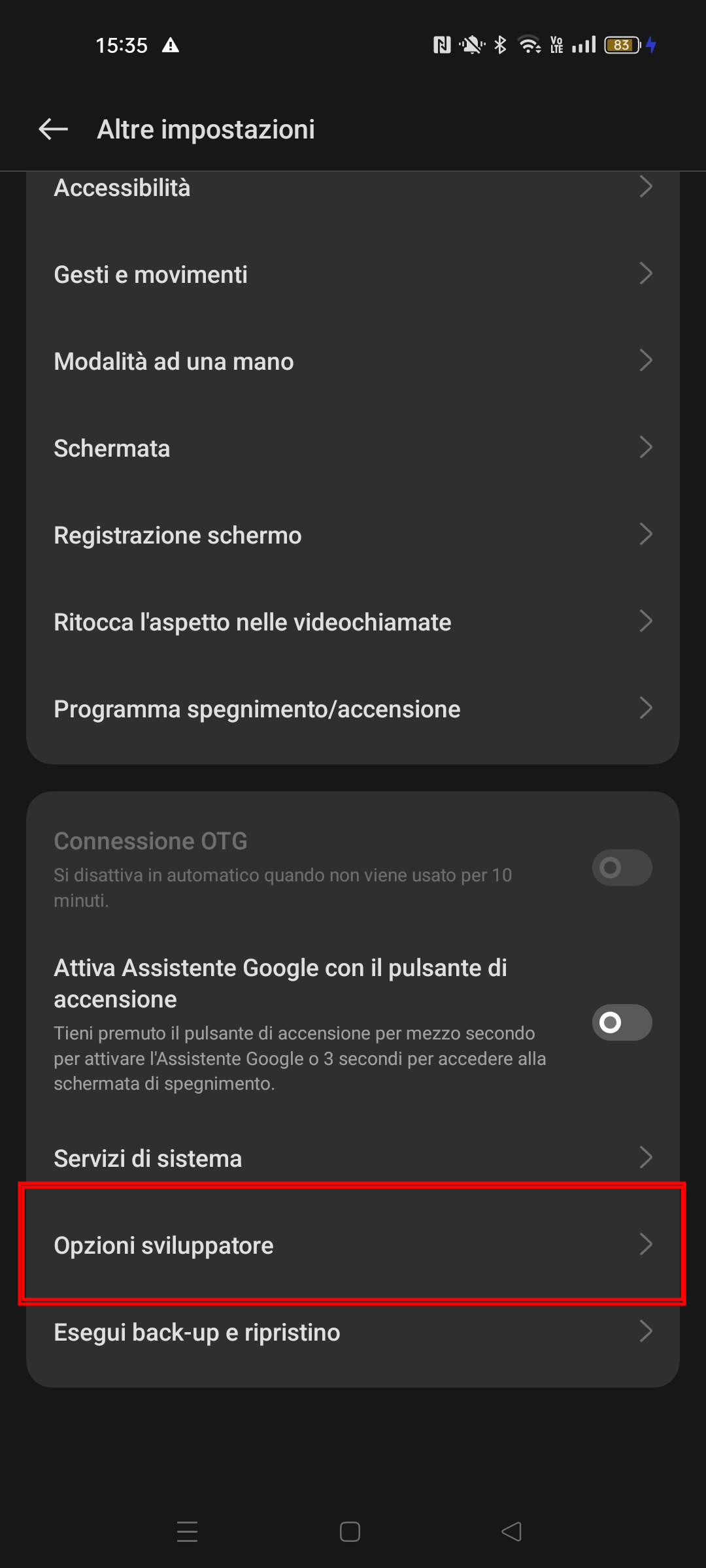 Opzioni sviluppatore Android