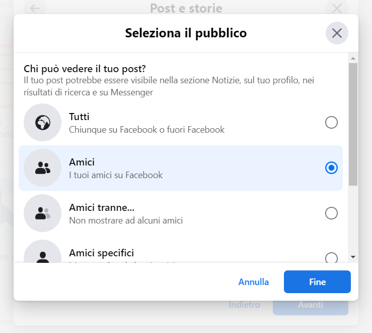 Post e stories, scegliere il pubblico