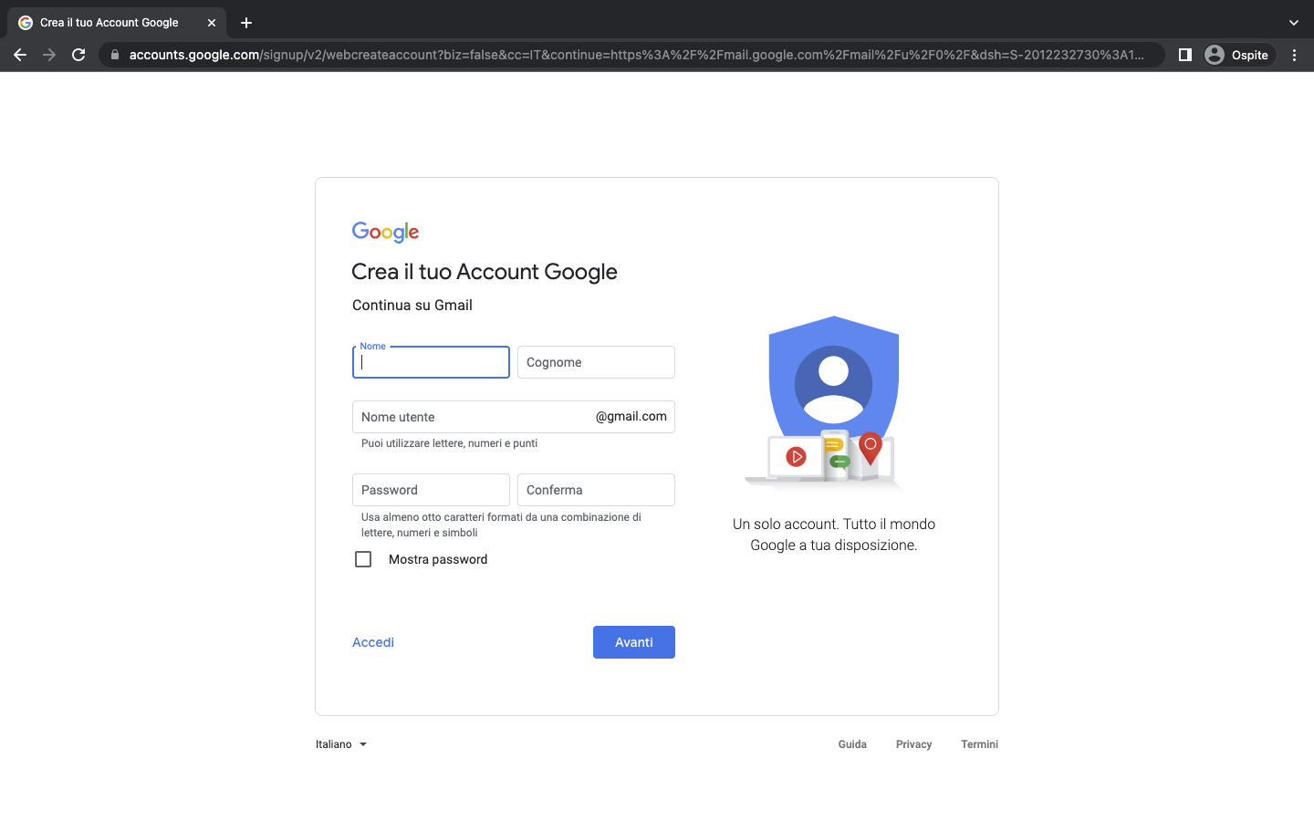 Creare posta con Gmail schermata