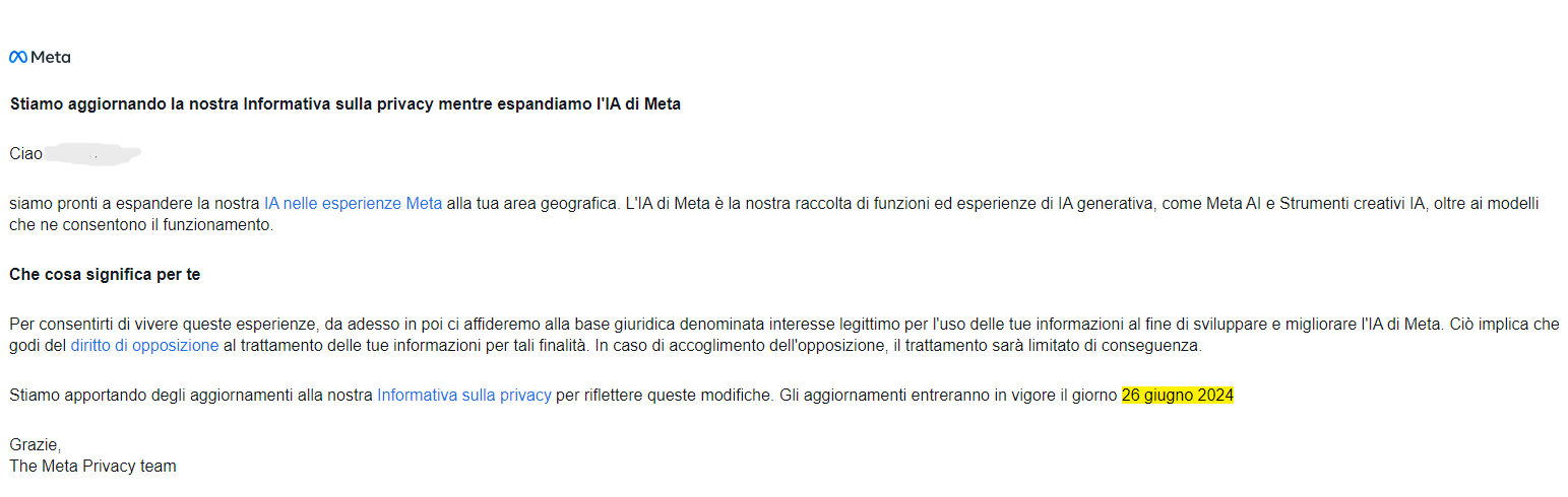 Mail di Meta per Informativa AI Mail di Meta per Informativa AI