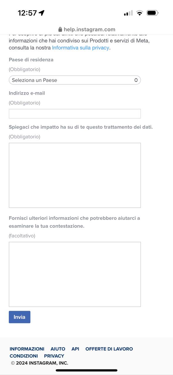 Modulo informativa privacy Instagram Modulo informativa privacy Instagram