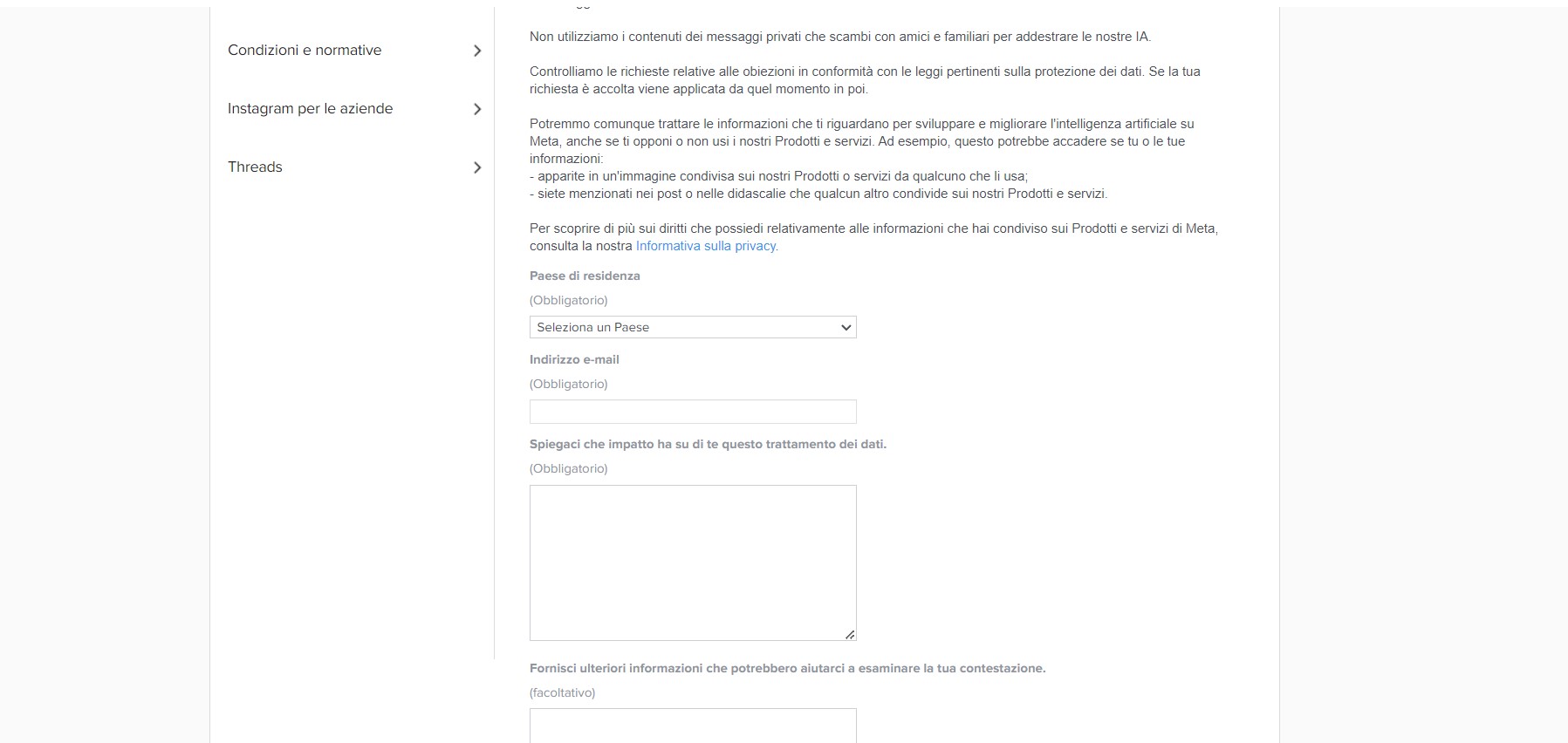 Modulo opposizione trattamento dati AI su Instagram