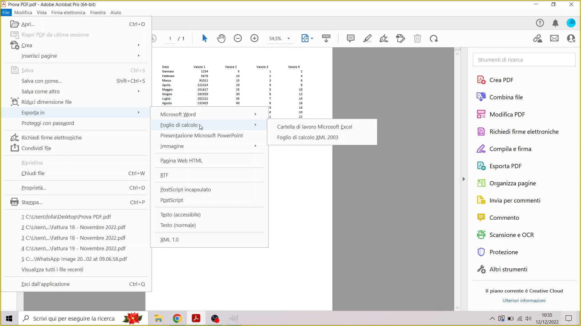 Convertire PDF in Excel con Acrobat DC Pro