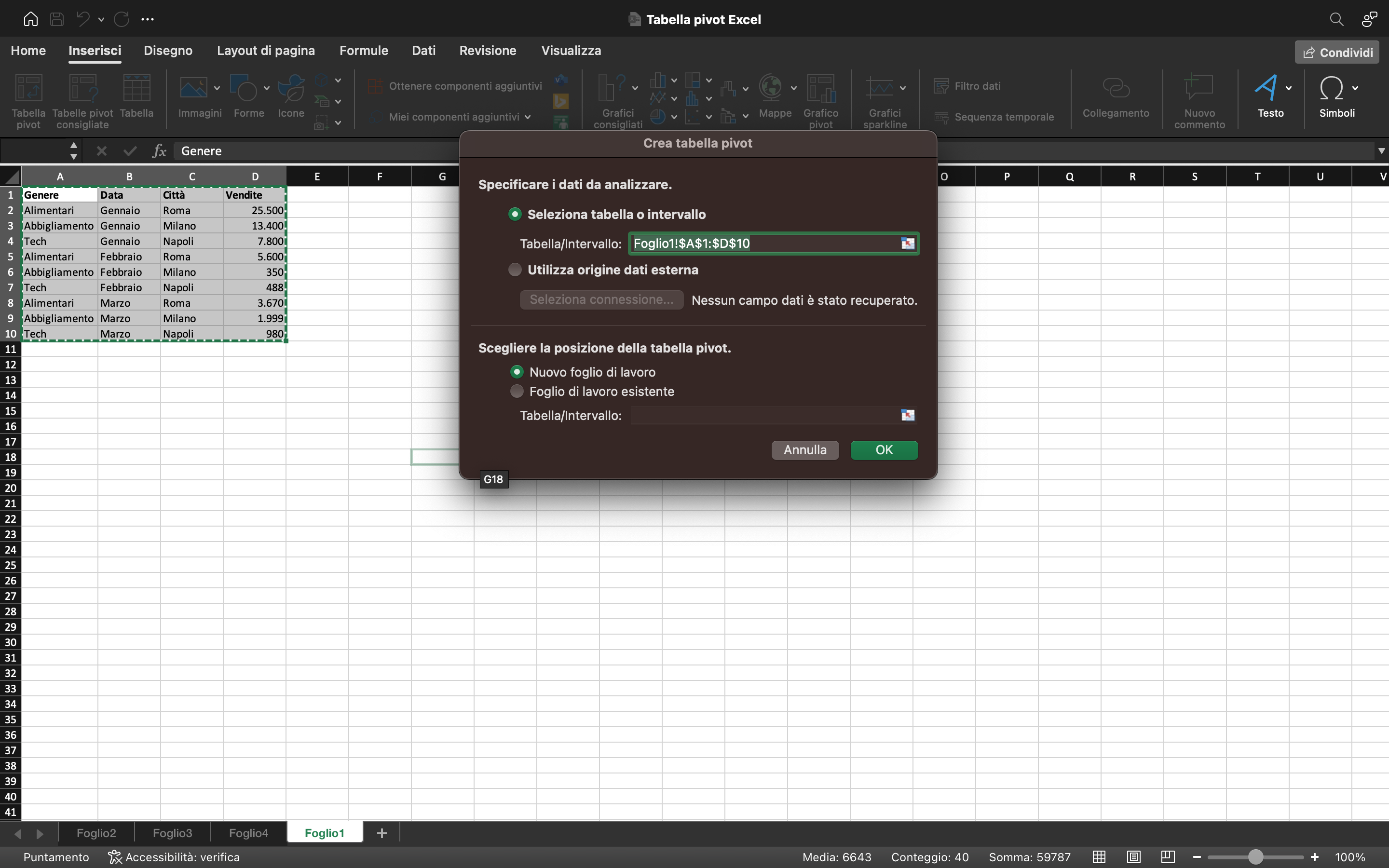 Creare una tabella pivot Excel