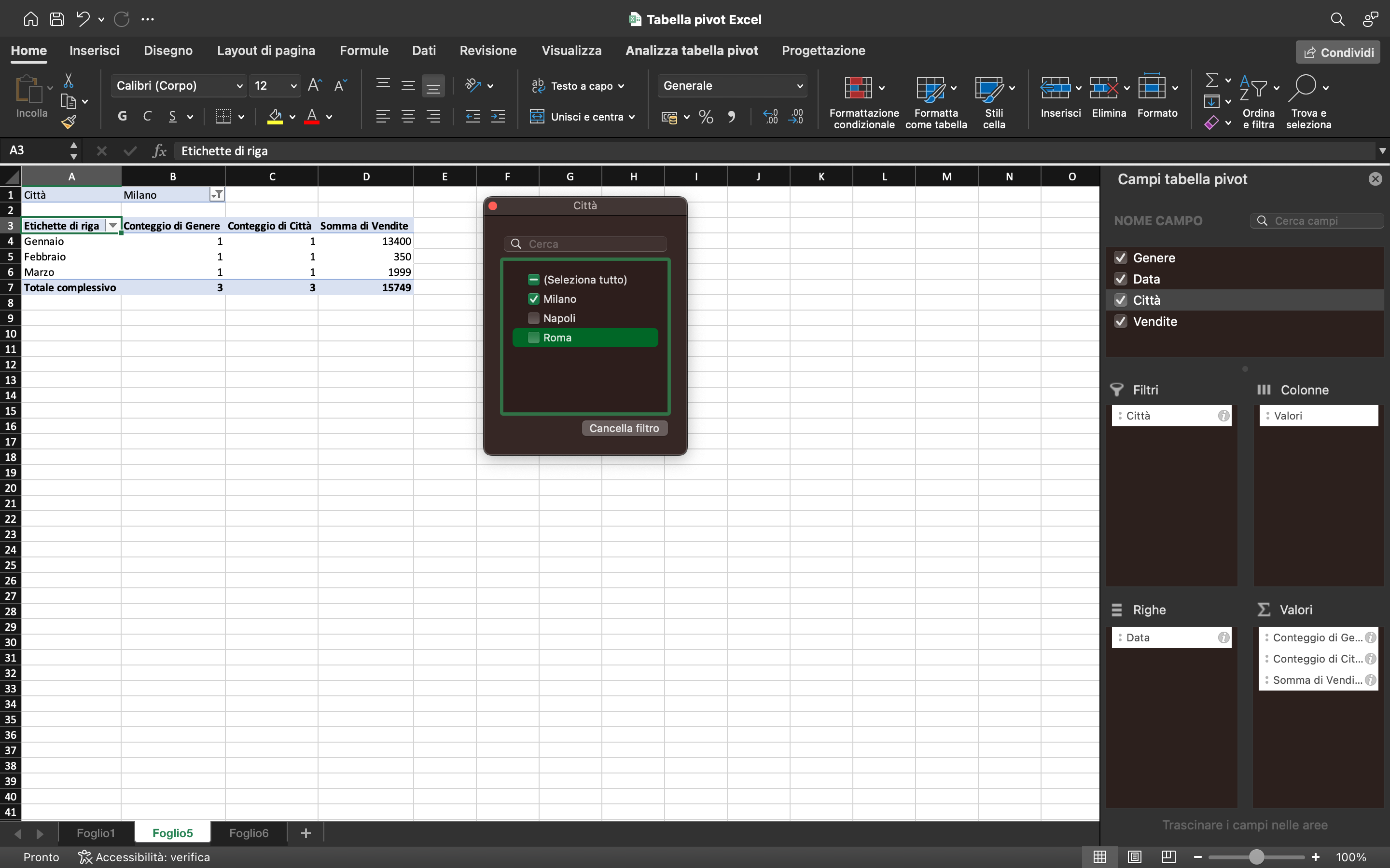 Creare un filtro in una tabella pivot Excel