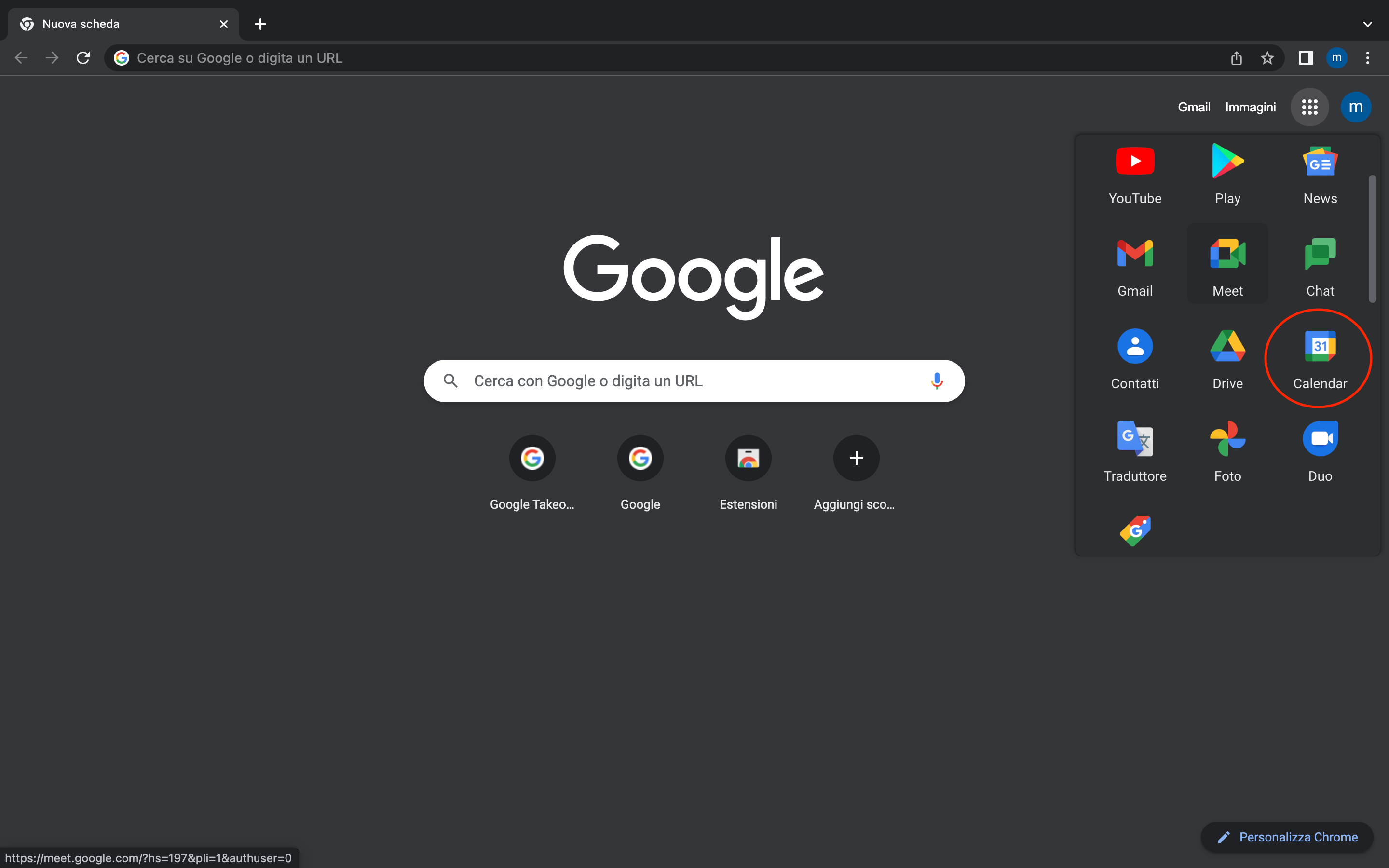 Schermata dell'account Google con Calendar cerchiato