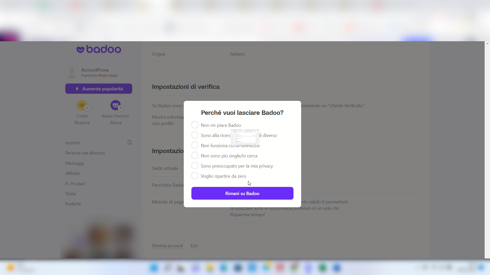 Badoo, eliminazione account