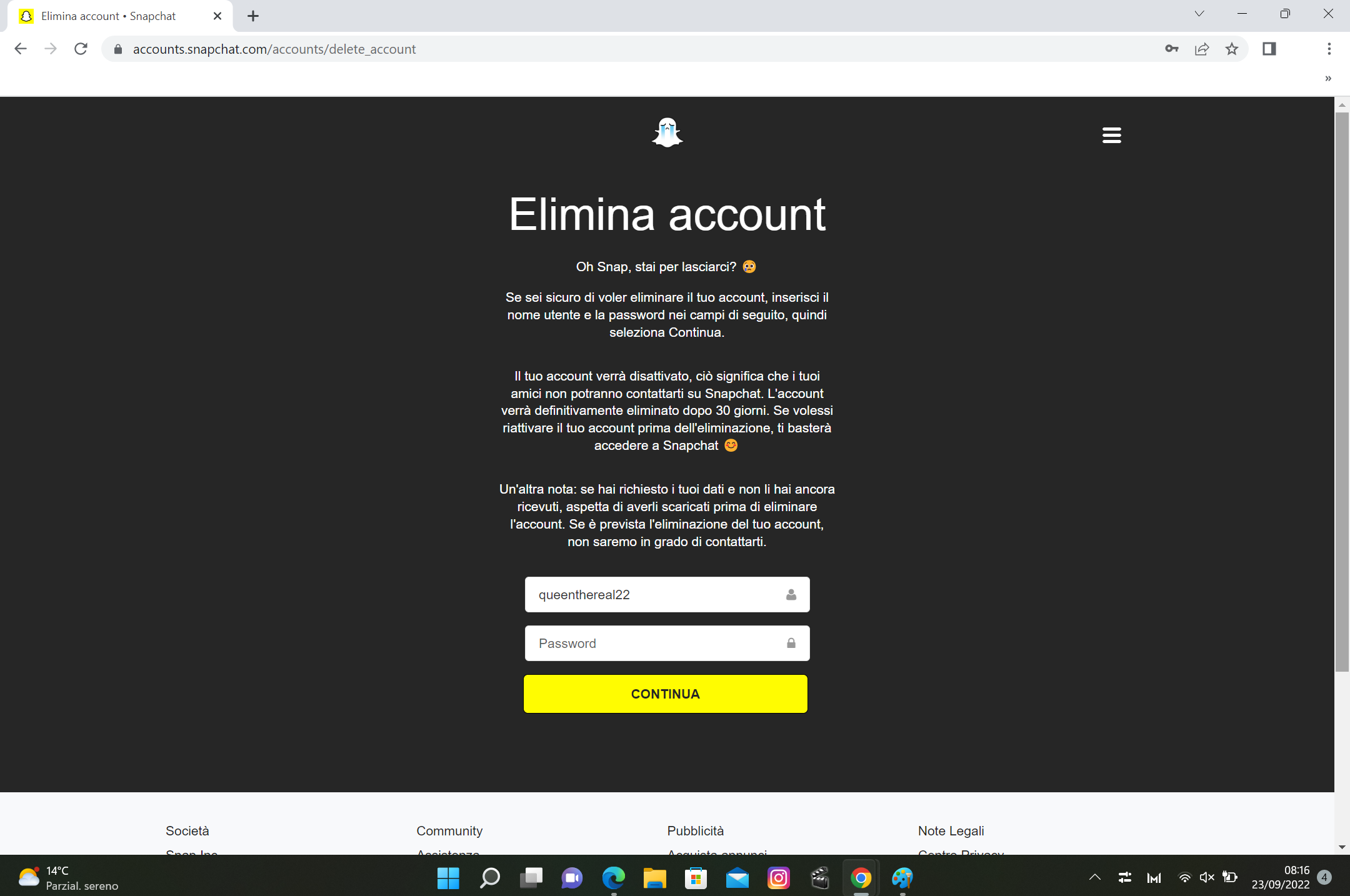 Eliminare account Snapchat
