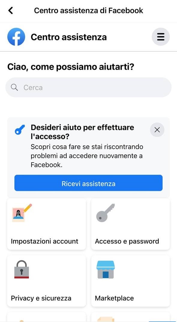 Facebook centro assistenza