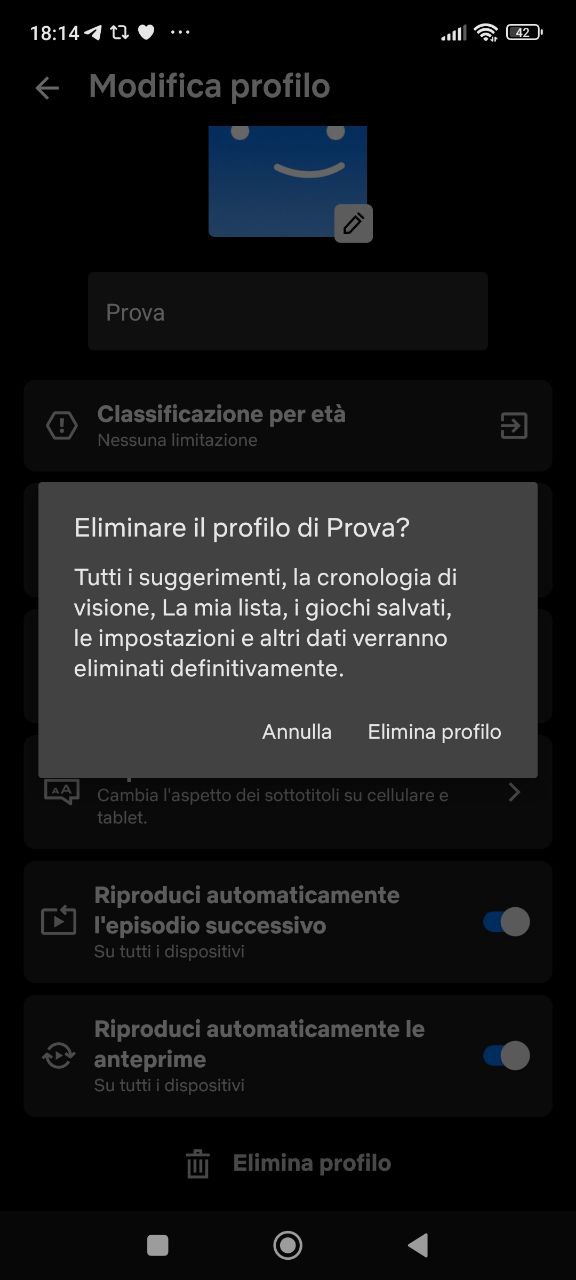 Eliminare un profilo da app