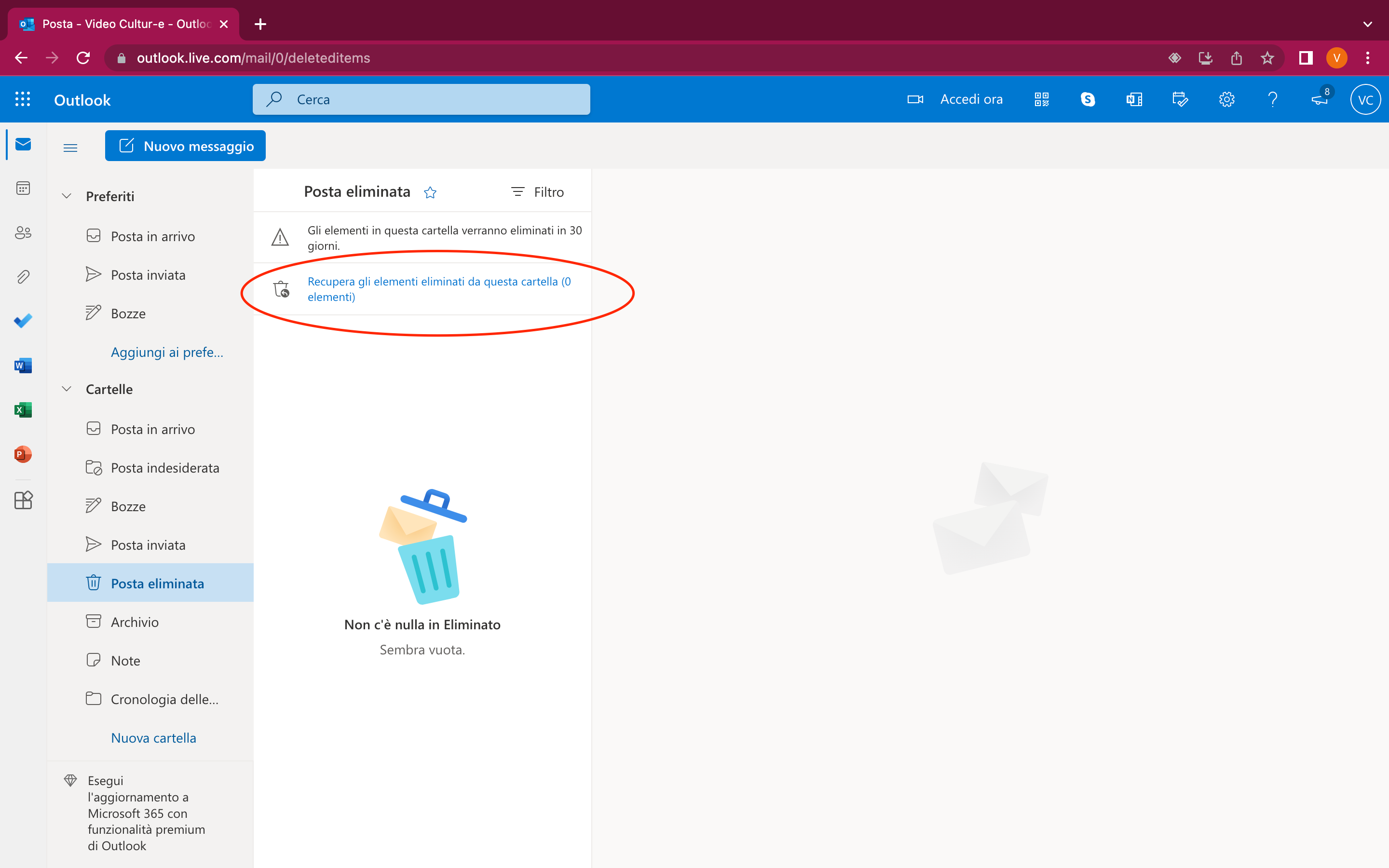 Schermata della Posta Eliminata in Outlook