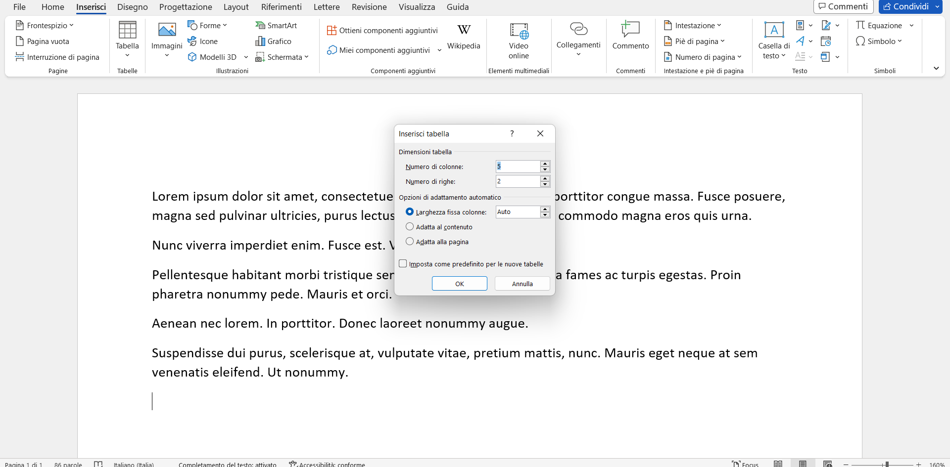 Inserire una tabella personalizzata Inserire una tabella personalizzata