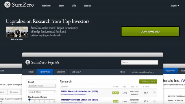 La homepage di SumZero, social network per i professionisti dell'investimento