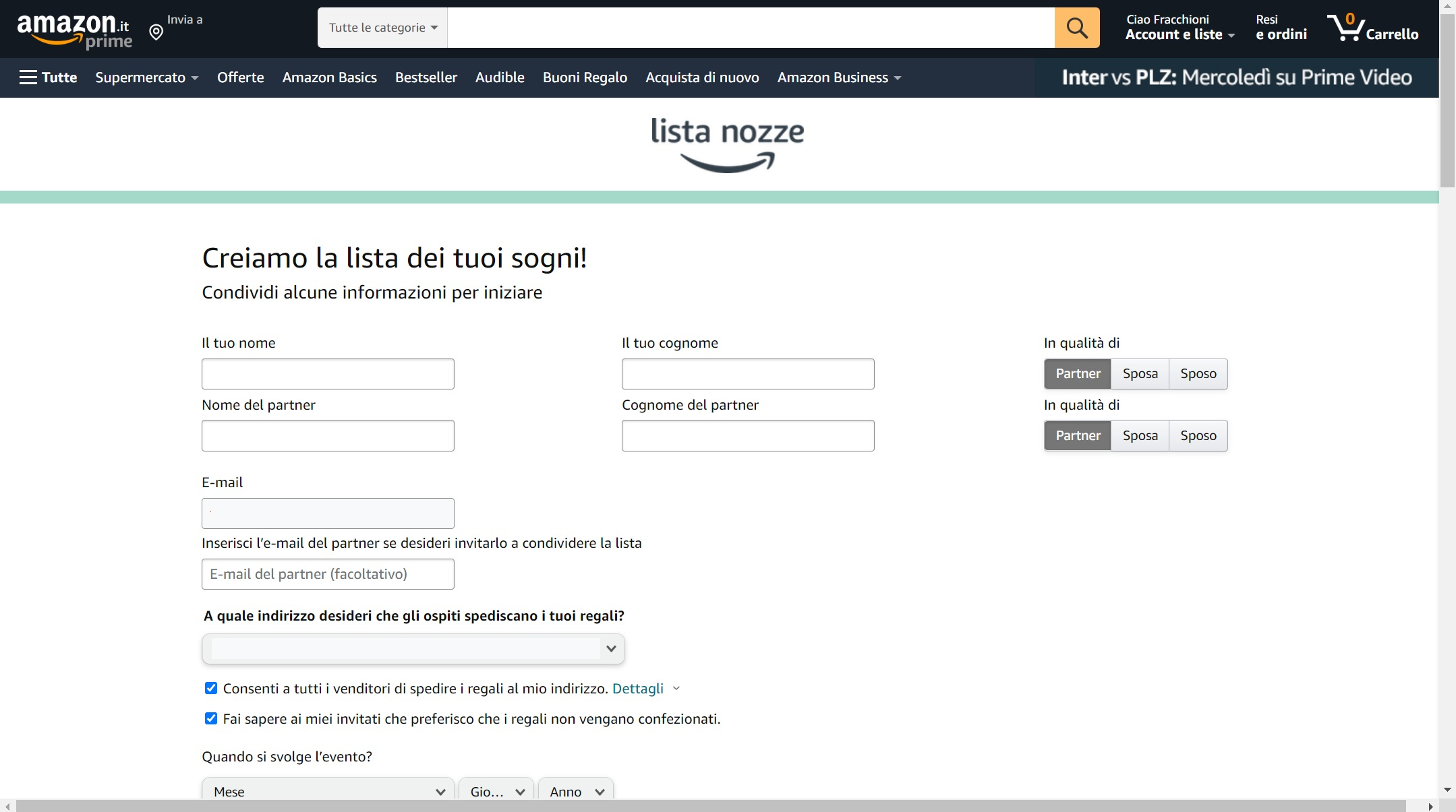 Compilazione lista di nozze su amazon
