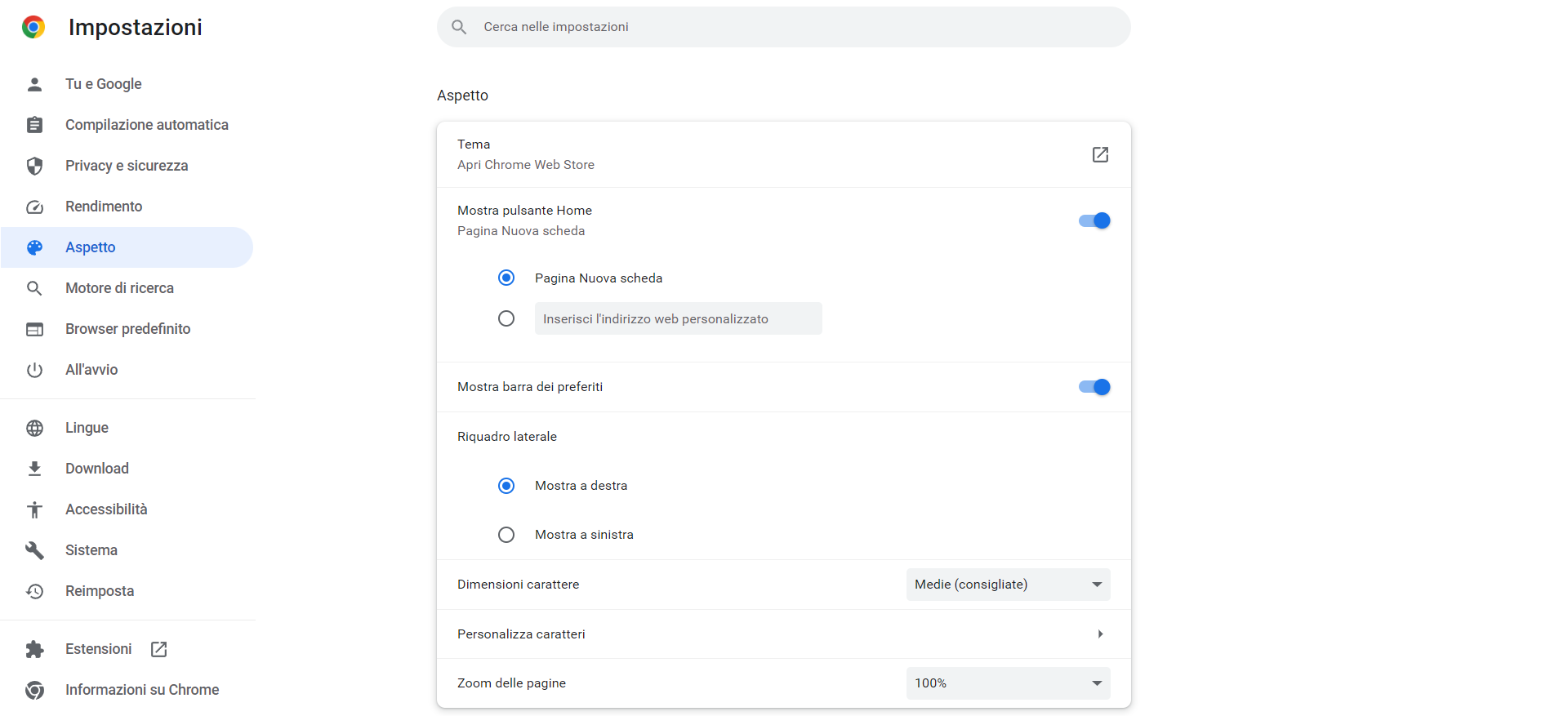 Home page google chrome impostazioni