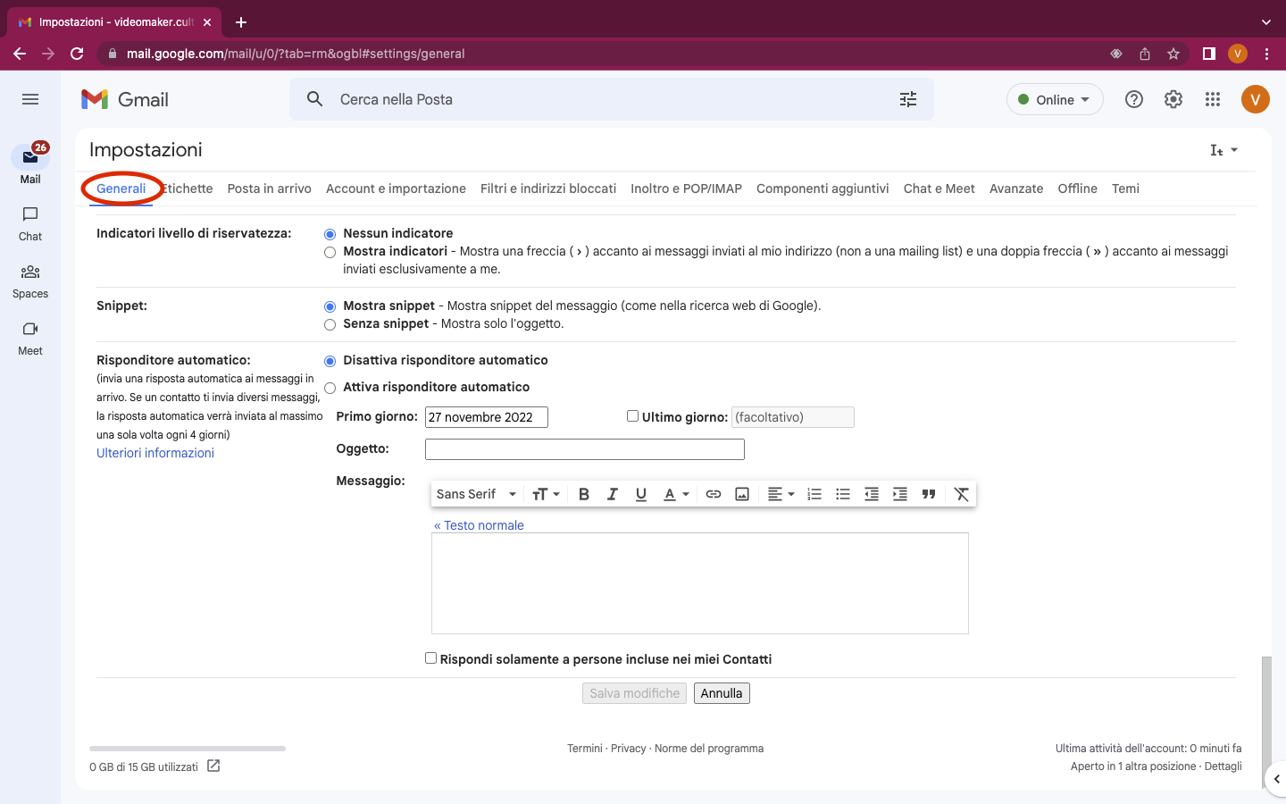 Gmail impostare risposta automatica