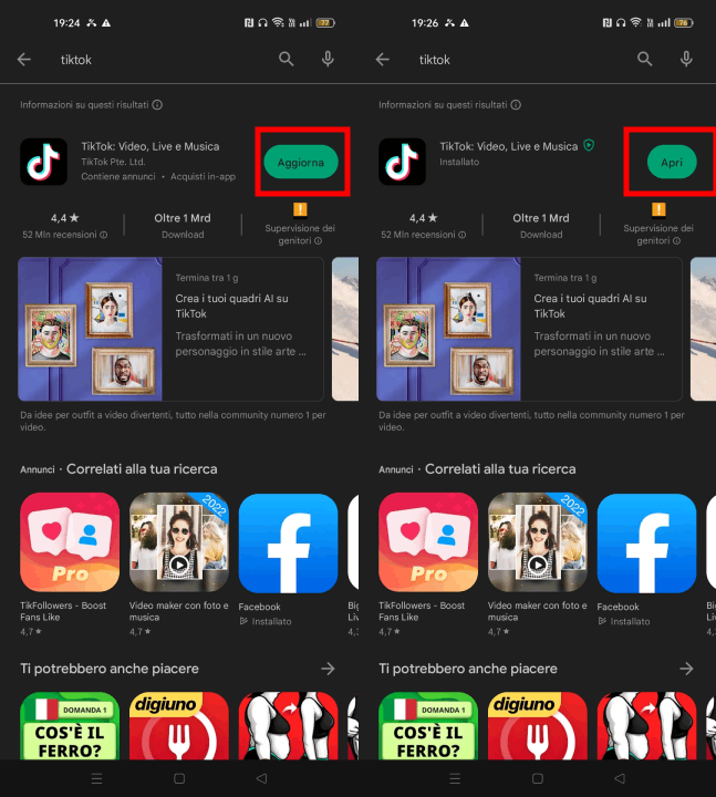 Aggiornamento di TikTok tramite Google Play Store