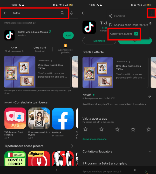 Aggiornamento TikTok automatico su Android