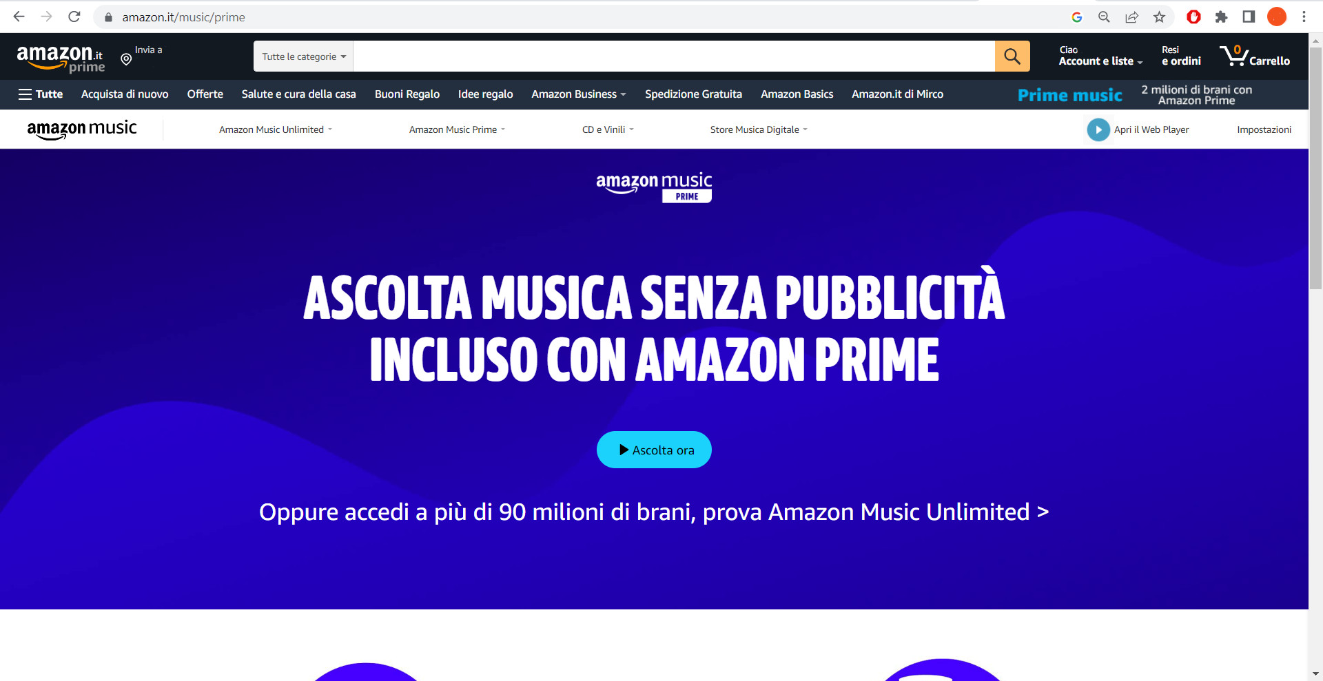 Amazon Prime Music da desktop