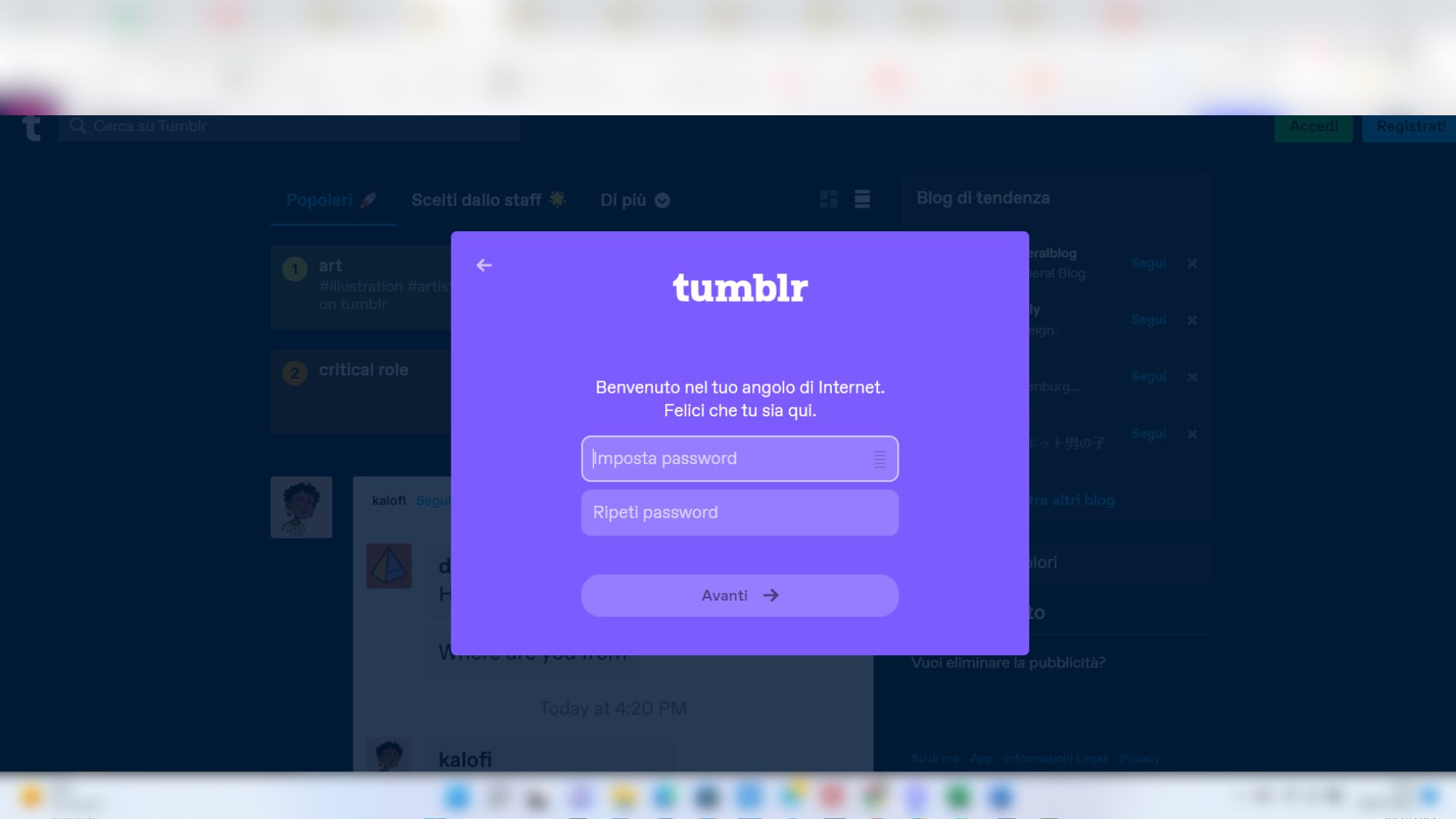 Registrazione a Tumblr