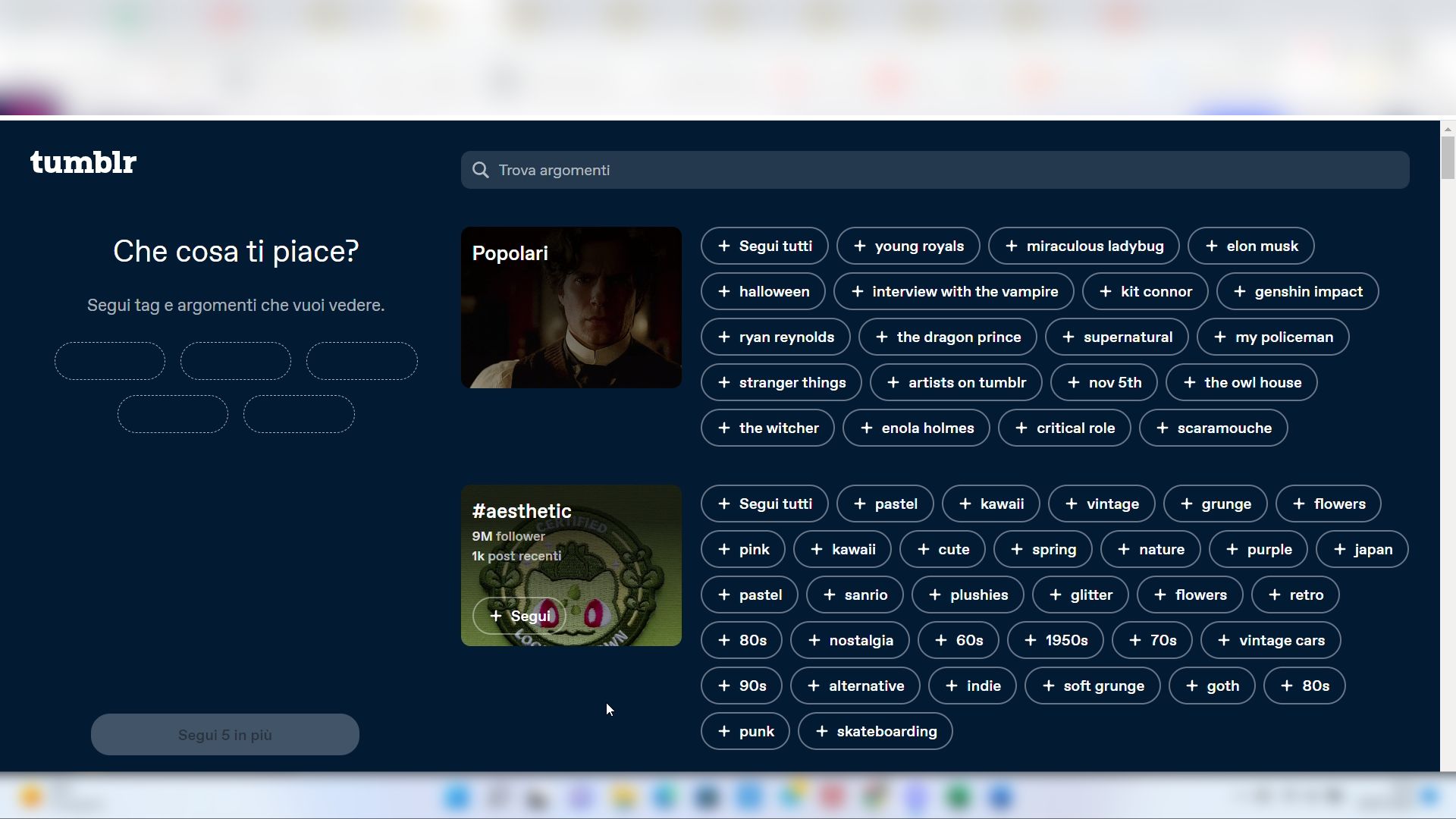 Selezionare gli interessi su Tumblr