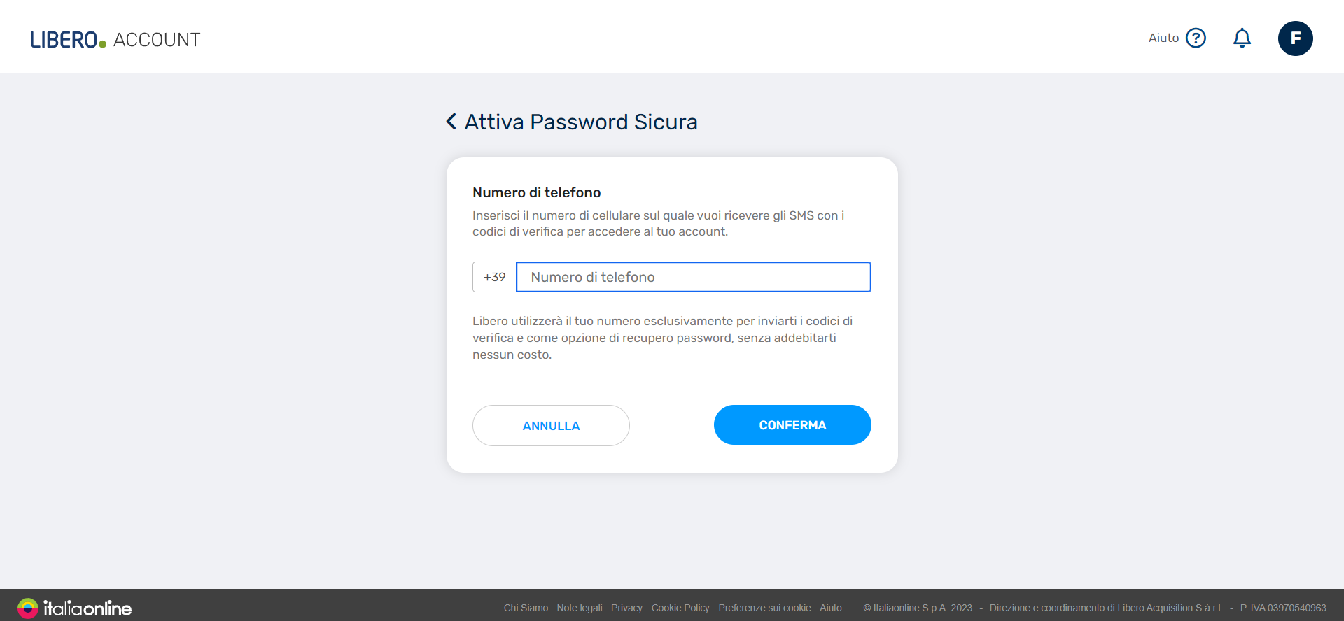 Attivazione verifica a due passaggi Libero Mail