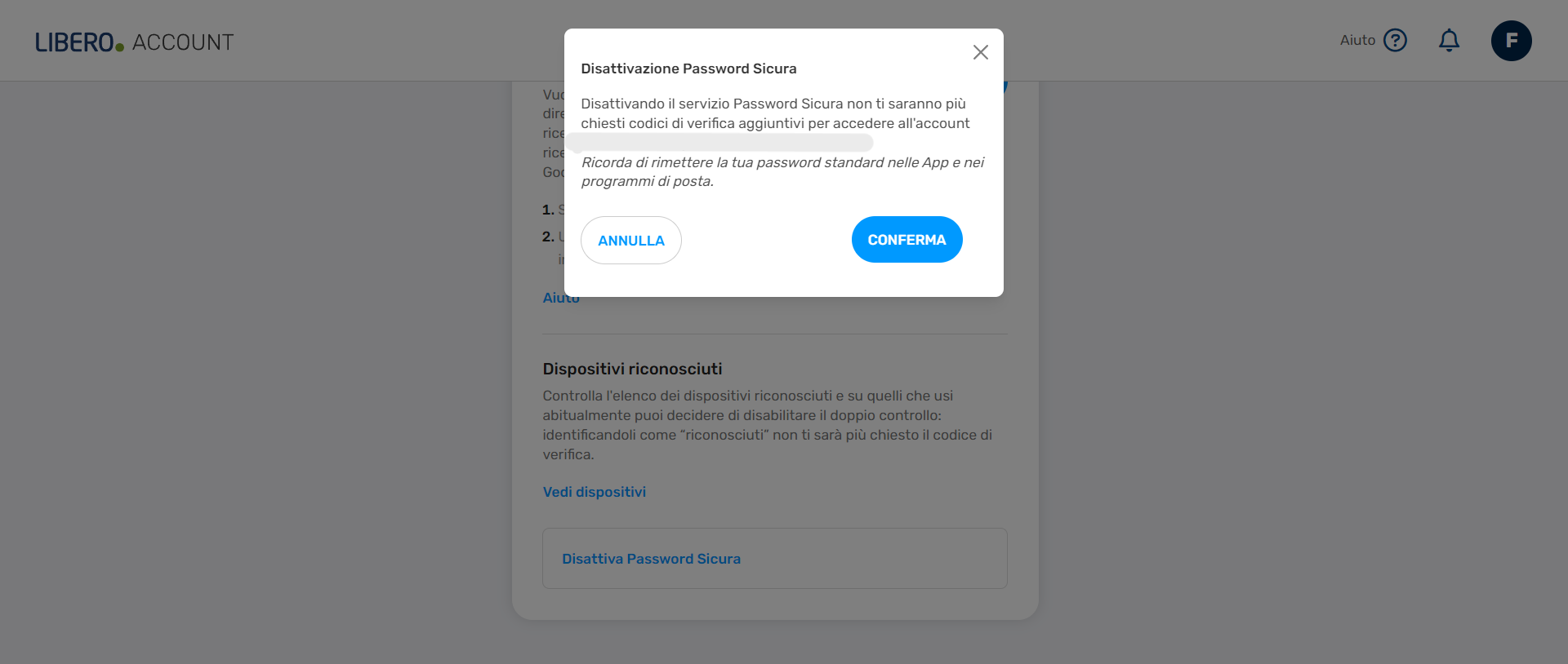 Disattivazione verifica a due passaggi Libero Mail