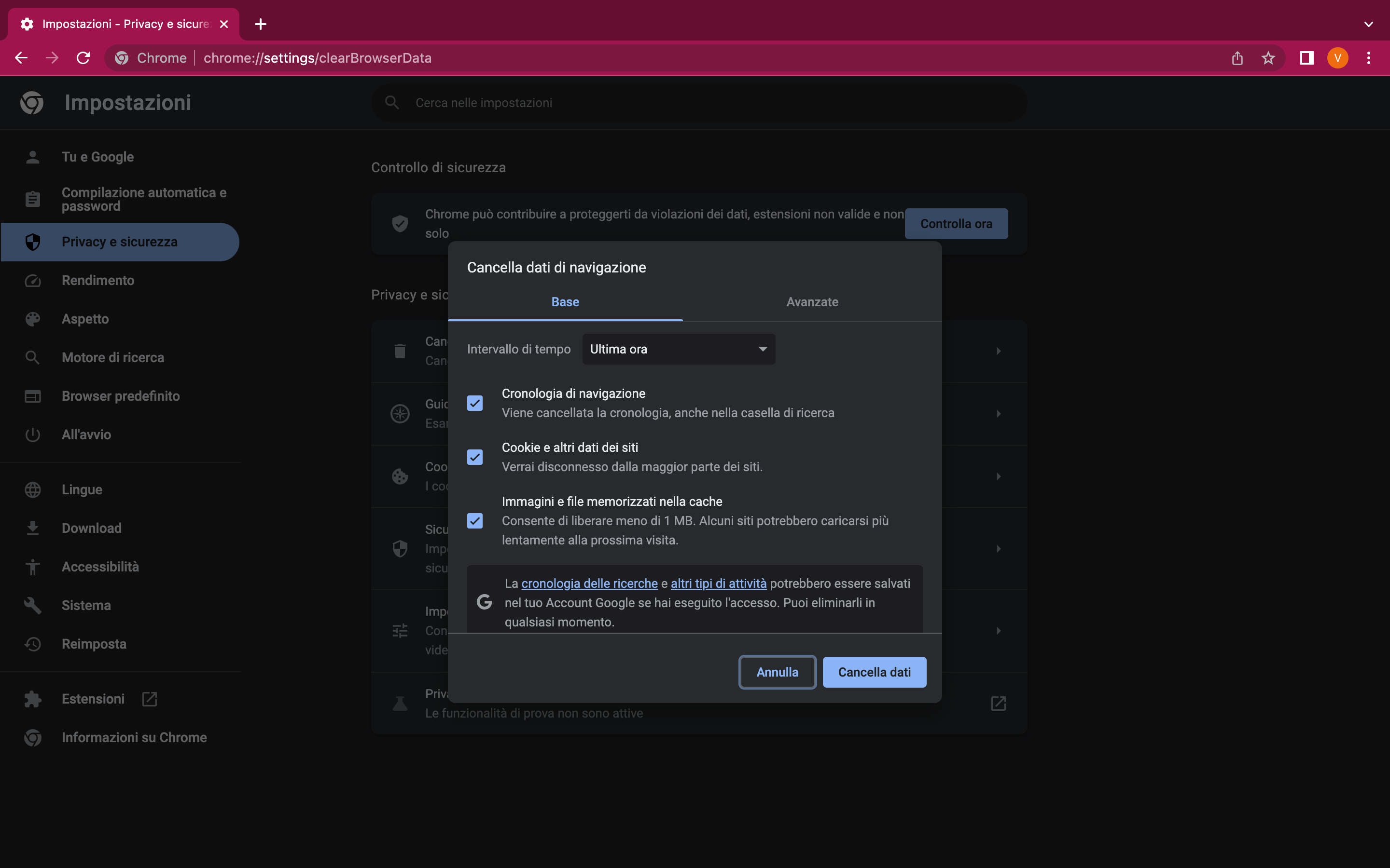 Procedura di cancellazione dati di navigazione Procedura di cancellazione dati di navigazione