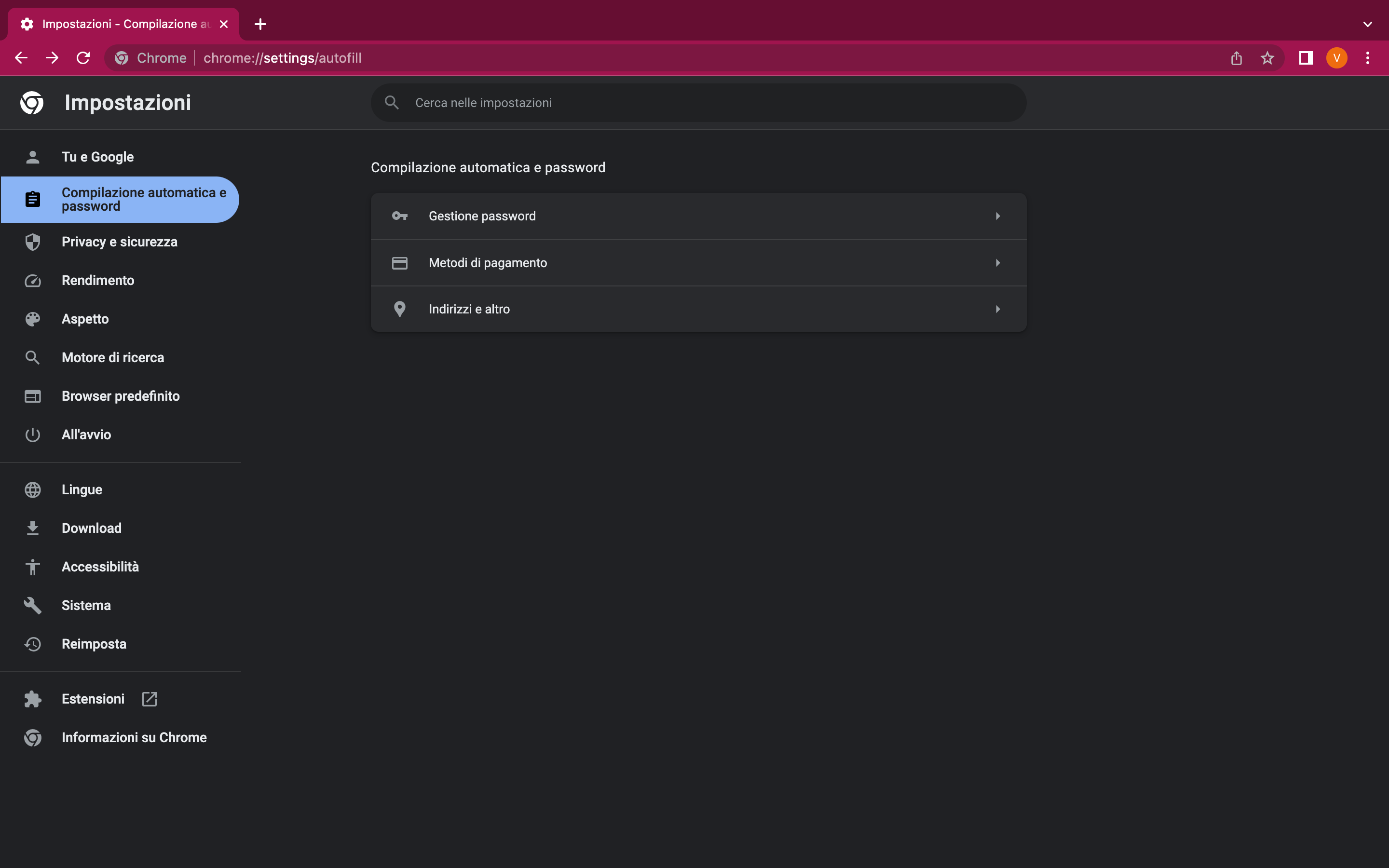 Schermata impostazioni compilazione automatica e password Schermata impostazioni compilazione automatica e password