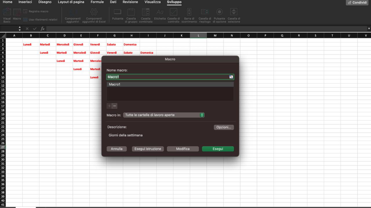 Excel macro screen
