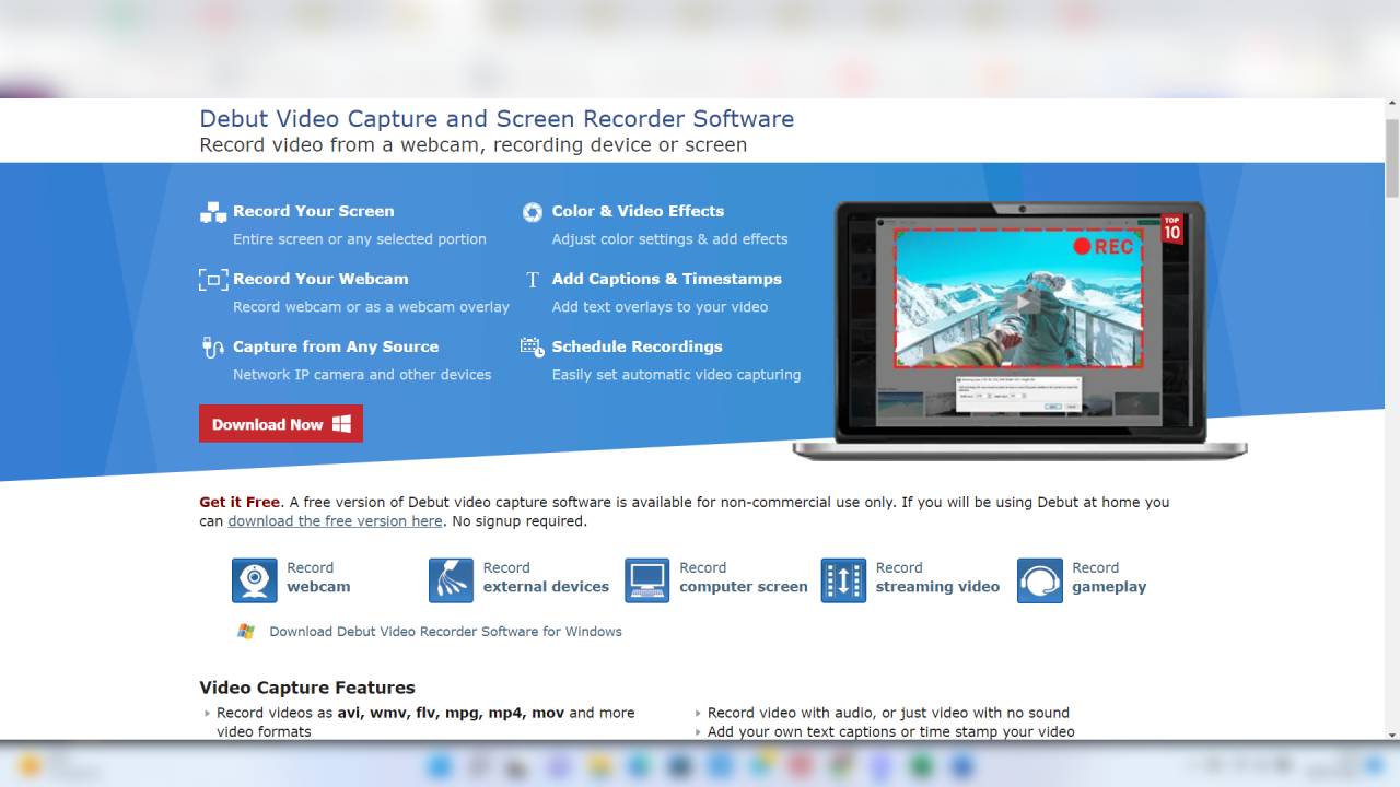 Debut video capture programma di screen recording 