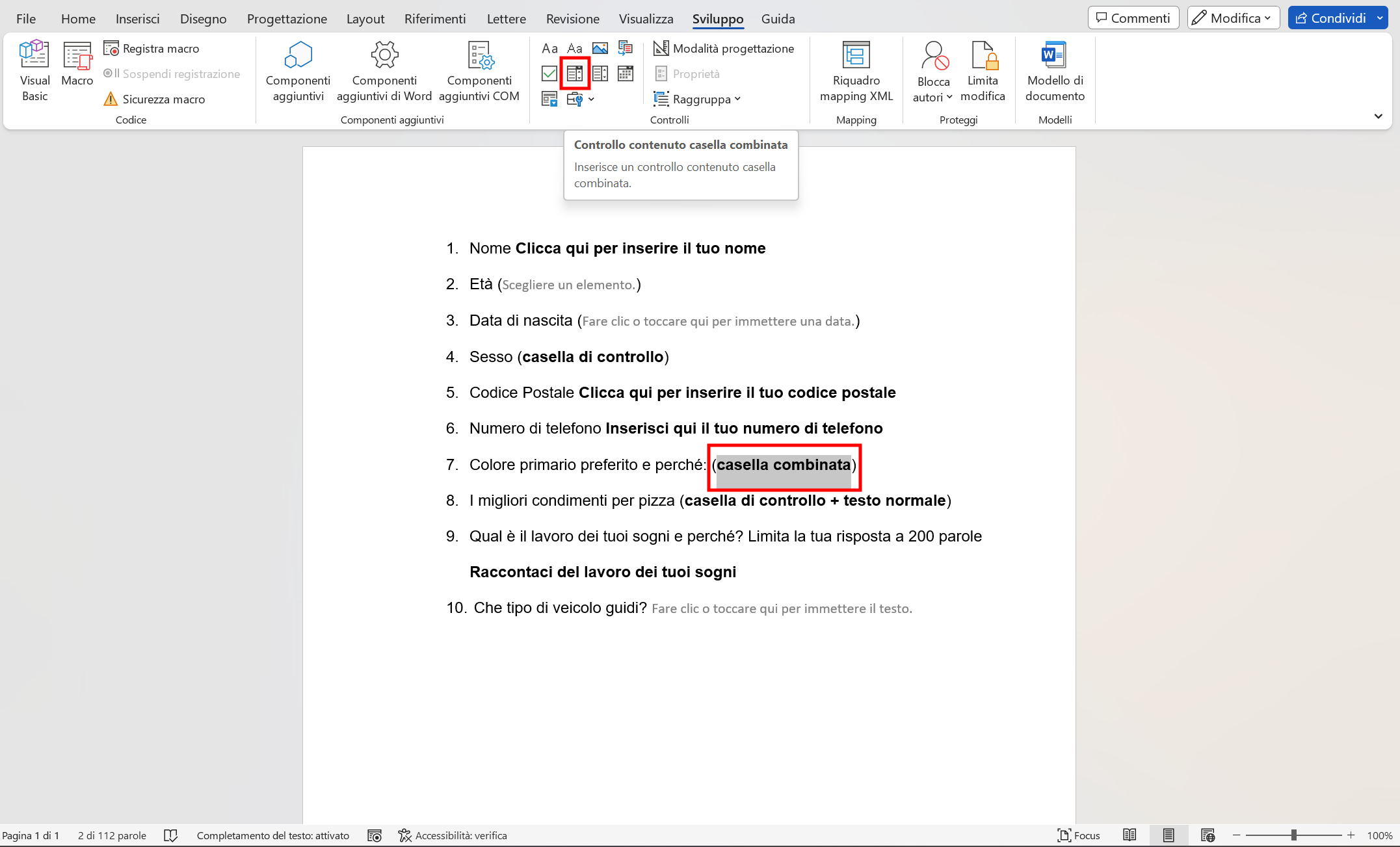 Controllo contenuto casella combinata